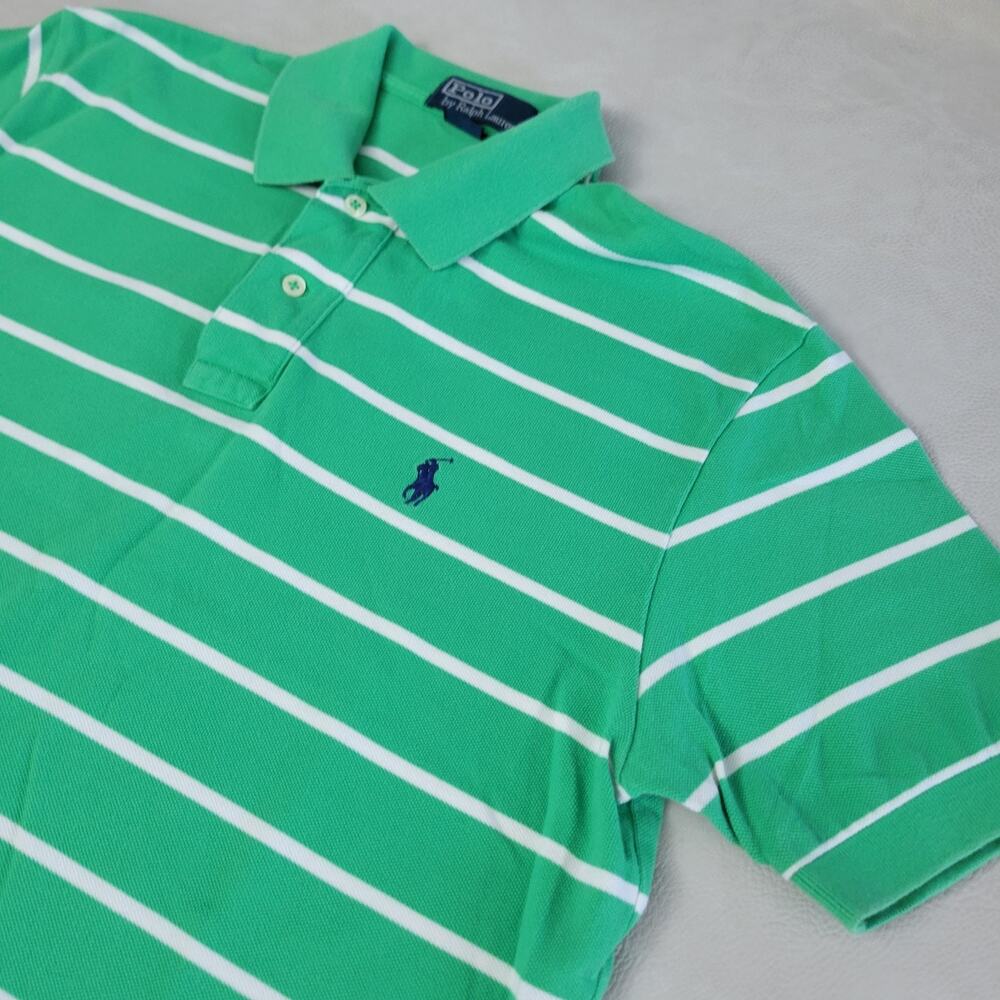 Vtg 90s Mens Ralph Lauren Polo Shirt Medium Green White Striped Short Sleeve - Picture 5 of 8
